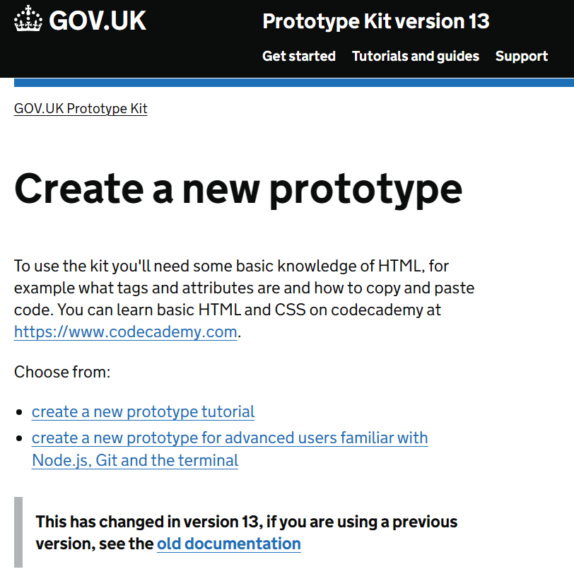 Image from the Gov.UK's 'Create a new prototype' page